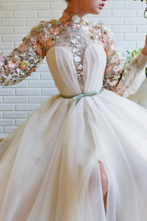 White Mermaid Long Sleeves Evening Dress With Flowers Split High Collar