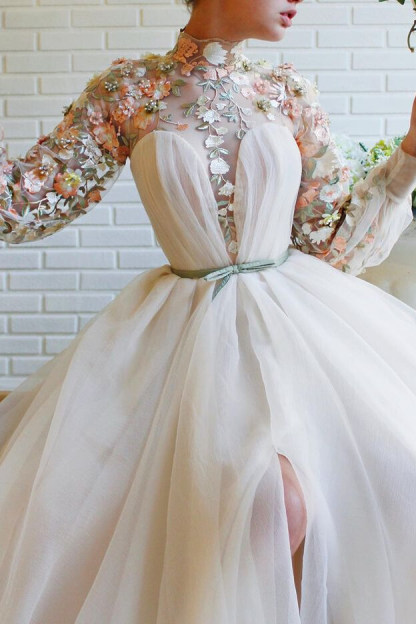 White Mermaid Long Sleeves Evening Dress With Flowers Split High Collar