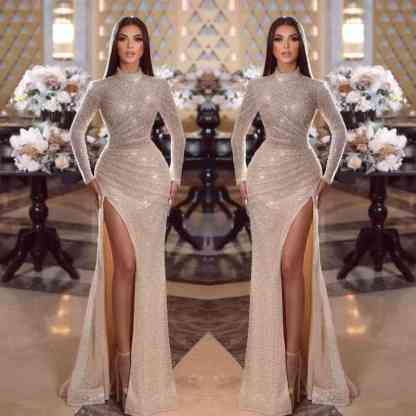 Shiny Sequins High Neck Long Sleeves Mermaid Formal Dress With Split