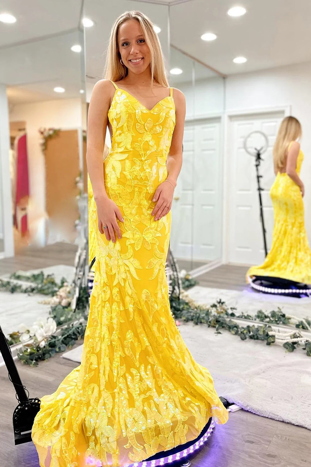 Long Prom Dress with Sparkly Orange Mermaid Sequins