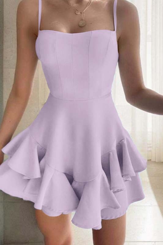 Lovely Sky Blue Square Neck Short Mini cocktail Dress With Ruffles