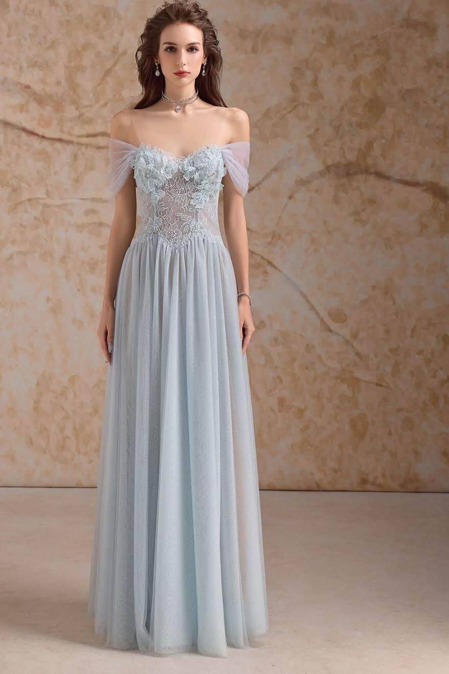 Tulle Off the Shoulder Sleeveless Long Formal Dress With Appliques
