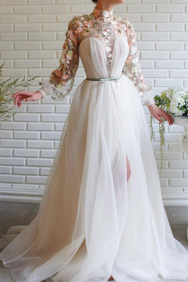 White Mermaid Long Sleeves Evening Dress With Flowers Split High Collar