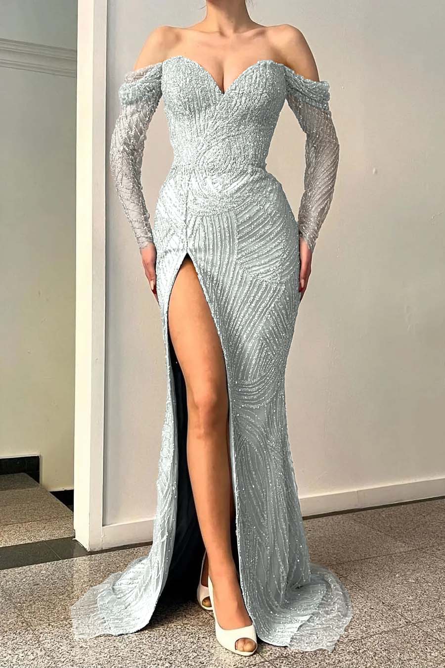 Blue Long Sleeves Off-The-Shoulder Sequins Evening Dress Sweetheart With Split Mermaid