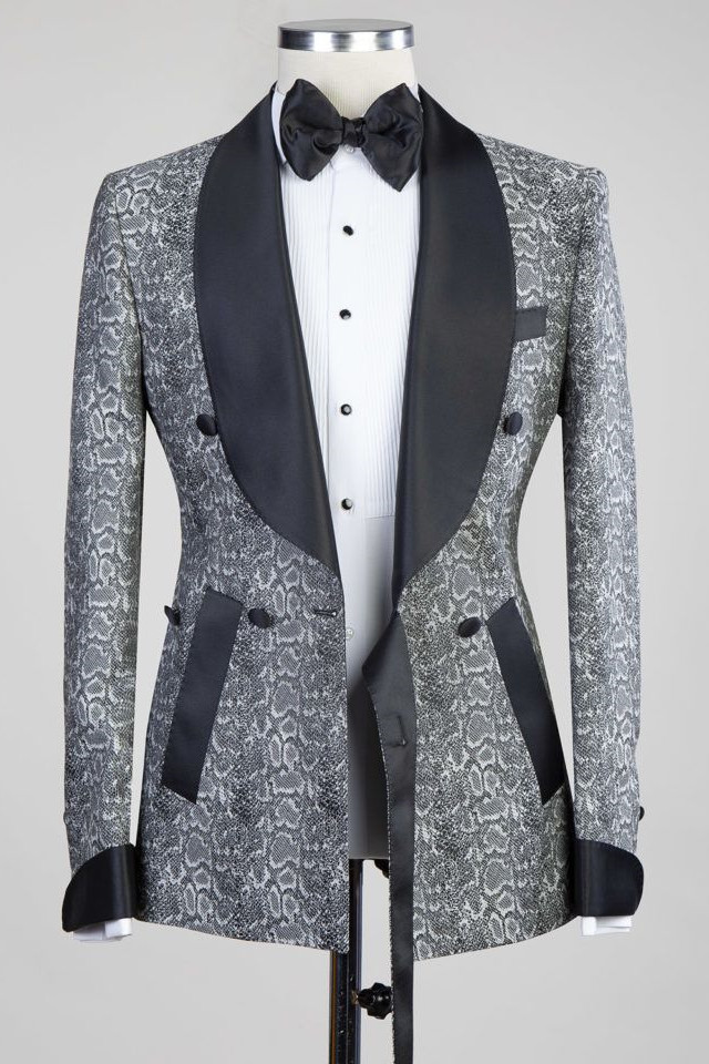 Khalil Gray Black Lapel Jacquard Wedding Men's Suits with Double-Breasted