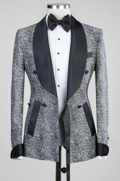 Khalil Gray Black Lapel Jacquard Wedding Men's Suits with Double-Breasted