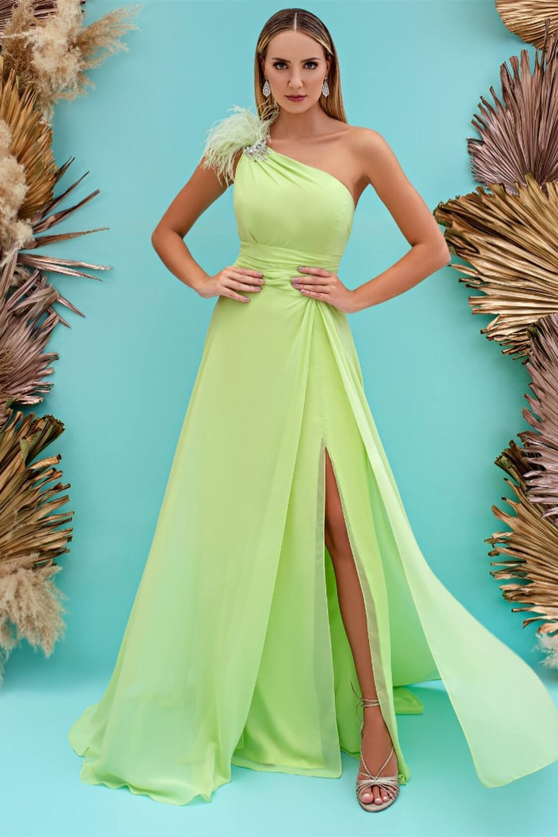 Front Split Mermaid One Shoulder Evening Dress With Feather Light Green