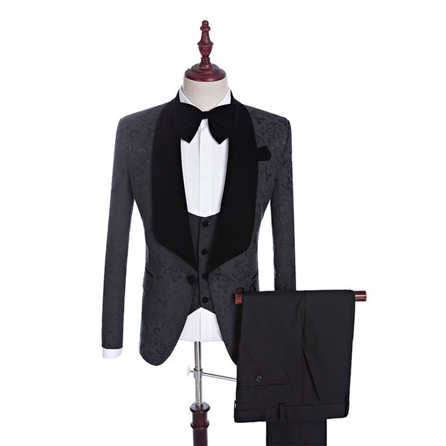 Xander Black Jacquard Shawl Lapel Three-Piece Wedding Suits for Men