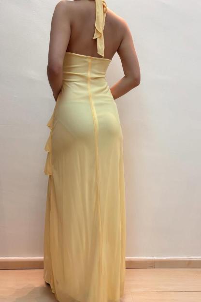 Halter V Neck Sleeveless Long Formal Dress With Pleated Beading