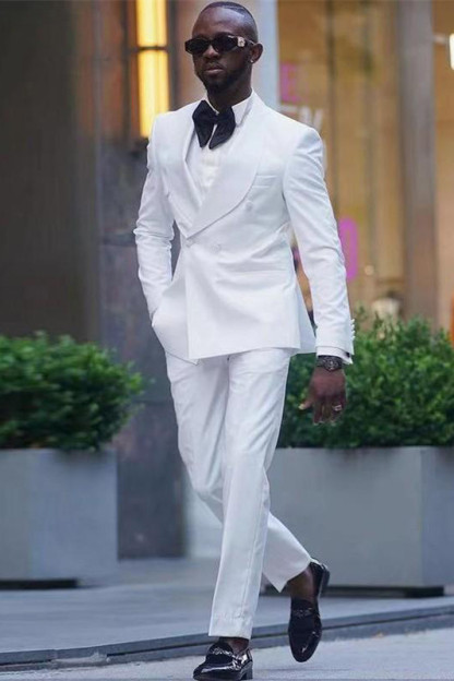 Slim Fit White Double-Breasted Shawl Lapel Men's Suits for Wedding