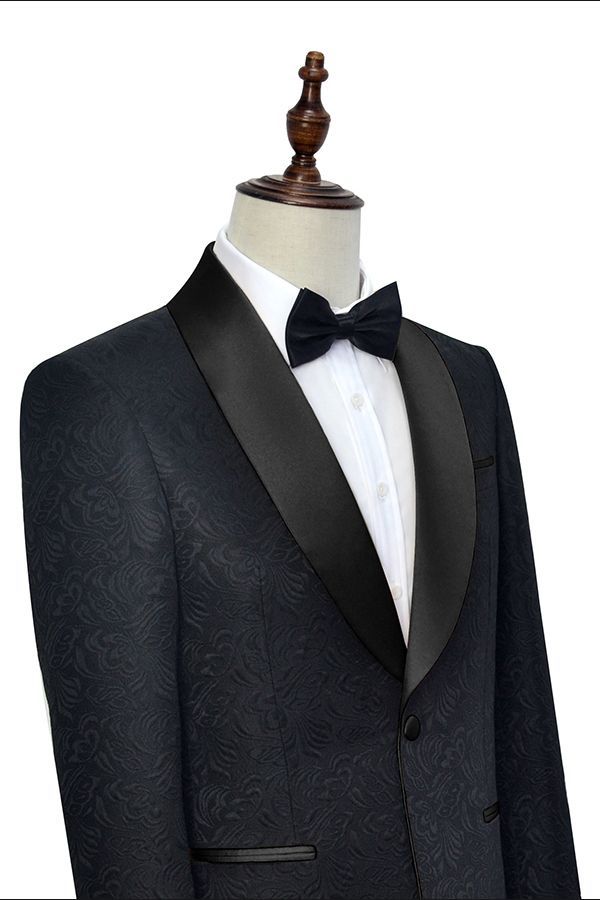 Classic Black Jacquard Wedding Tuxedo Shawl Lapel Silk One-Button Wedding Suits for Men
