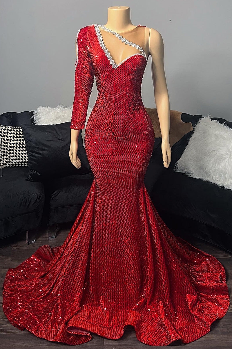Stunning Red Sequins One Shoulder Long Sleeve Mermaid Evening Dress Long