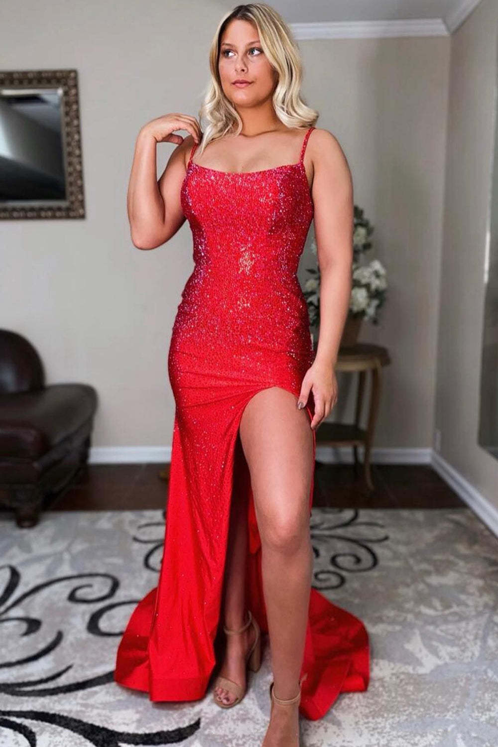 Black Sequins Long Prom Dress with Mermaid Spaghetti Straps and Split Front