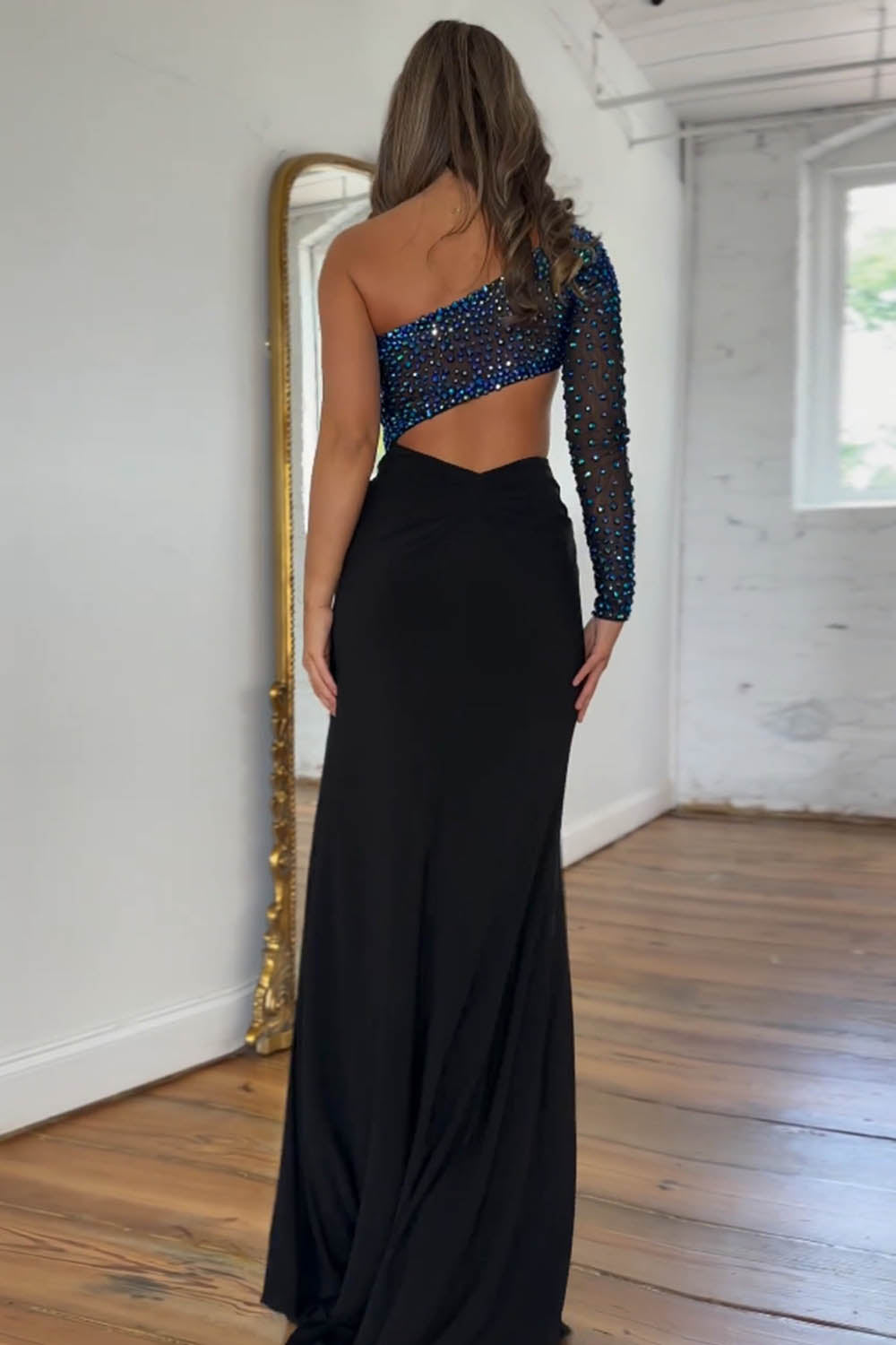 Navy Long One-Shoulder Prom Dress with Sparkly Mermaid Cutout and Beading