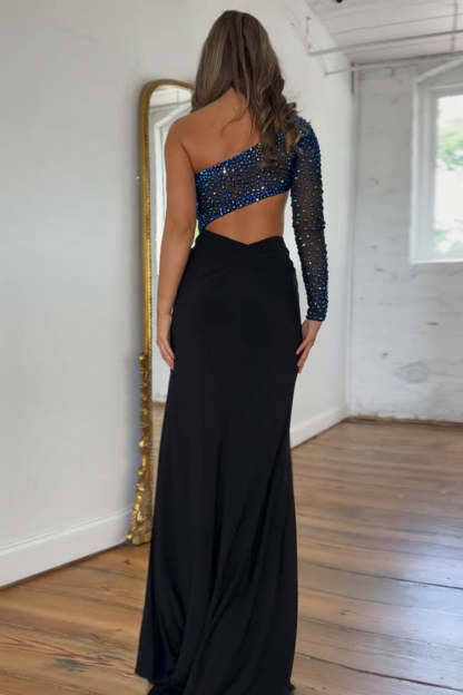 Navy Long One-Shoulder Prom Dress with Sparkly Mermaid Cutout and Beading