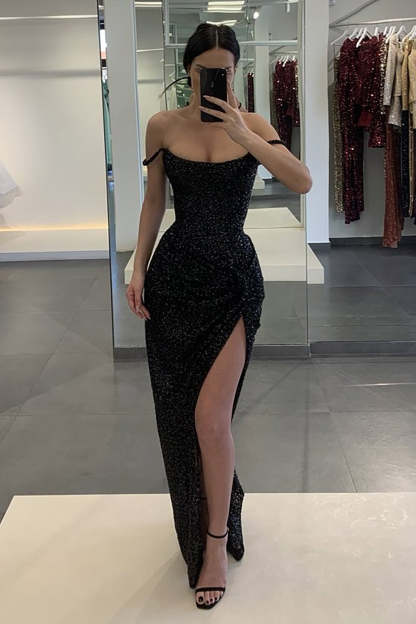 Black Sequined Long Prom Dress with Front Split and Off-the-Shoulder Sheath