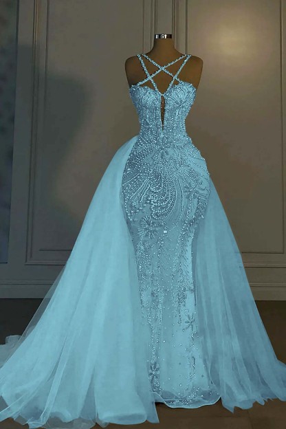 Halter Sleeveless Mermaid Long Formal Dress With Beading Tulle