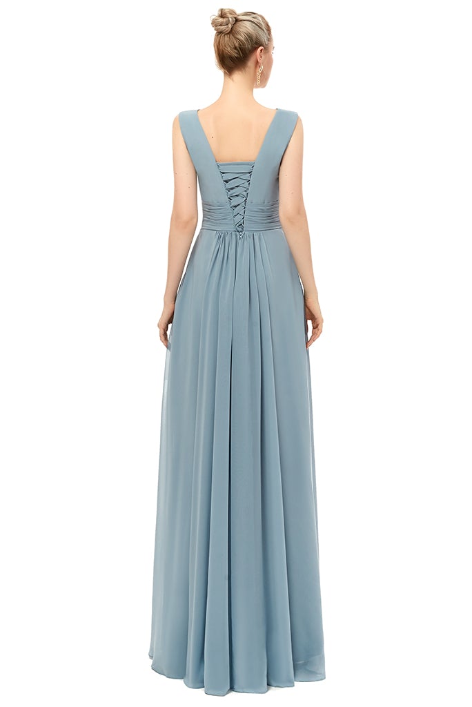 V-Neck Dusty Blue Lace-Up Bridesmaid Dress with Slit