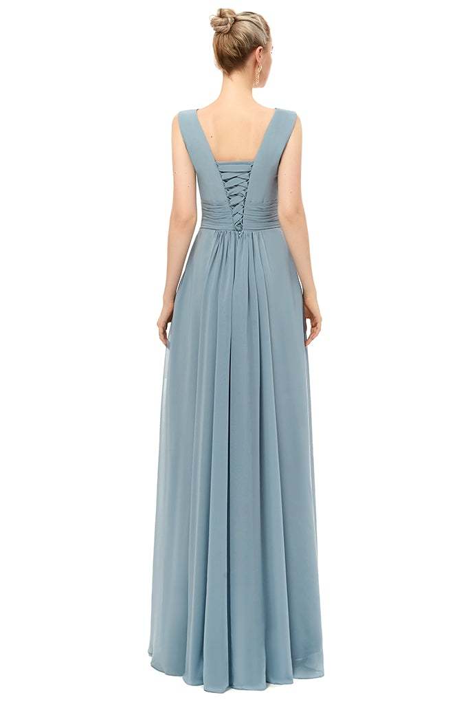 V-Neck Dusty Blue Lace-Up Bridesmaid Dress with Slit