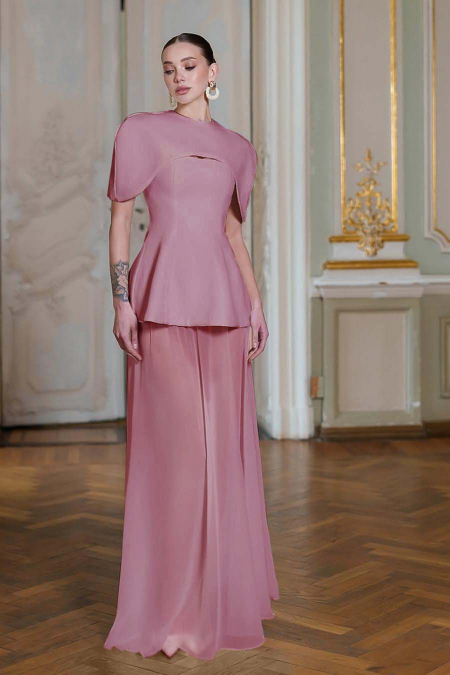 Chiffon Sleeveless Long Mermaid Formal Dress With Pleated Shawl