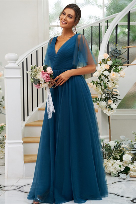 Ink Blue Bridesmaid V-Neck Dress with Slit