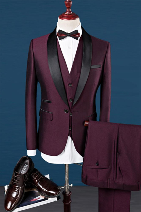 Formal Slim Fit Burgundy Three-Piece Shawl Lapel Groomsmen Suit