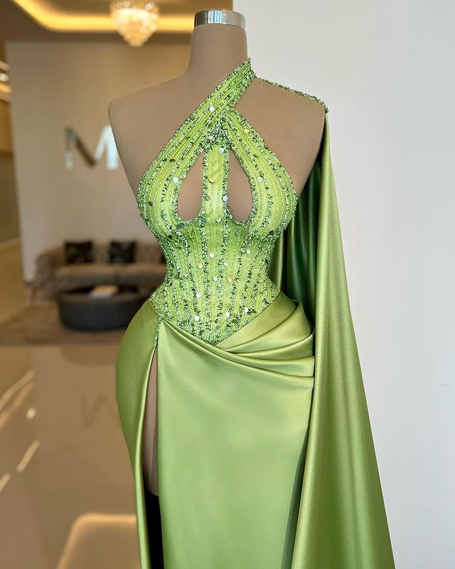 Elegant Sleeveless Apple Green Sequins Beads Split Evening Dress With Long Ruffle