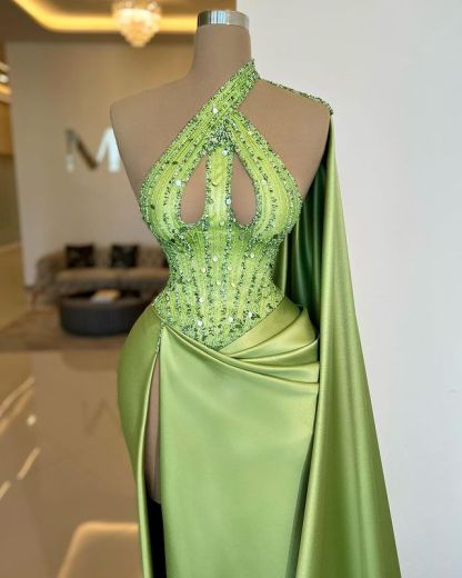 Elegant Sleeveless Apple Green Sequins Beads Split Evening Dress With Long Ruffle