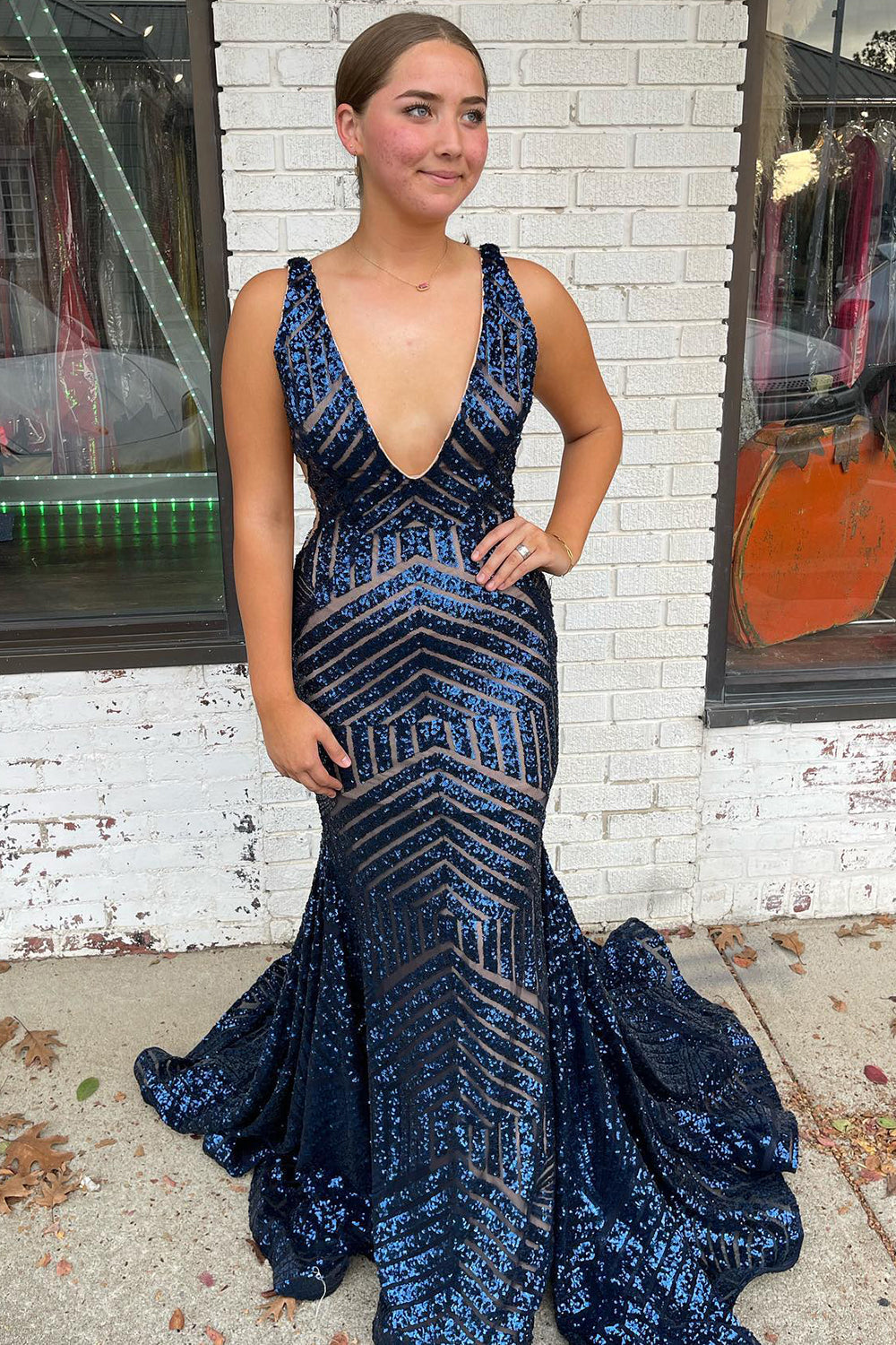 Orange Sequins Long Prom Dress with Deep V Neck and Open Back in Mermaid Style