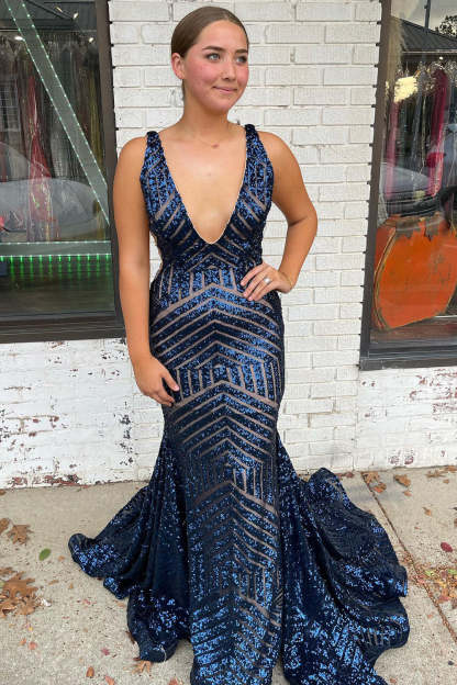 Orange Sequins Long Prom Dress with Deep V Neck and Open Back in Mermaid Style