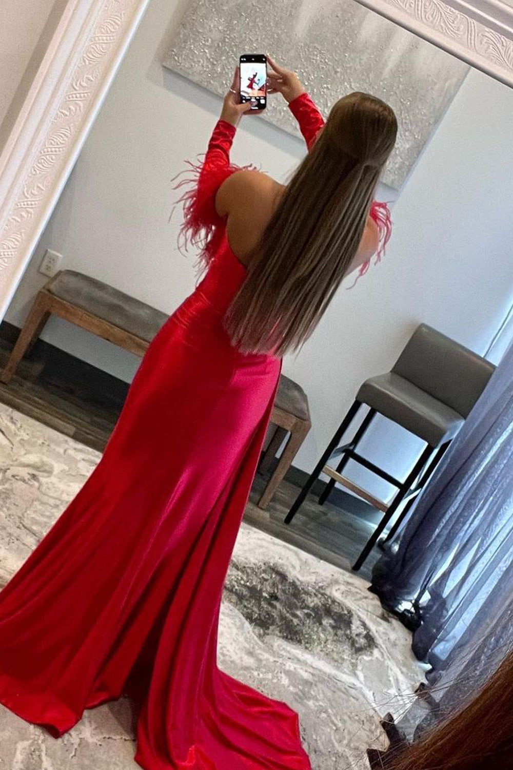 Feather-Adorned Red Prom Gown in Long Length