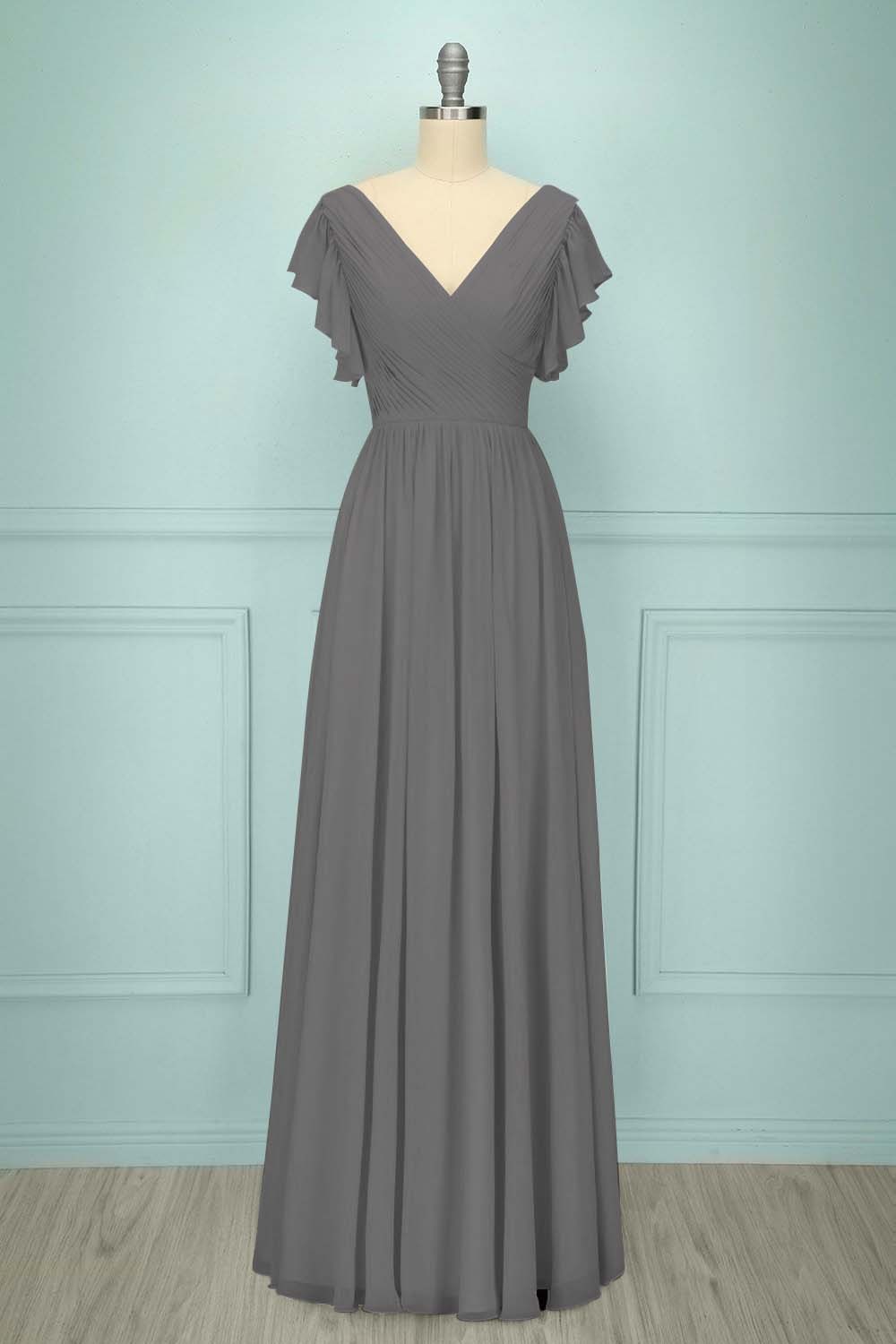 Chiffon V Neck Sleeveless Long Formal Dress With Pleated Ruffle