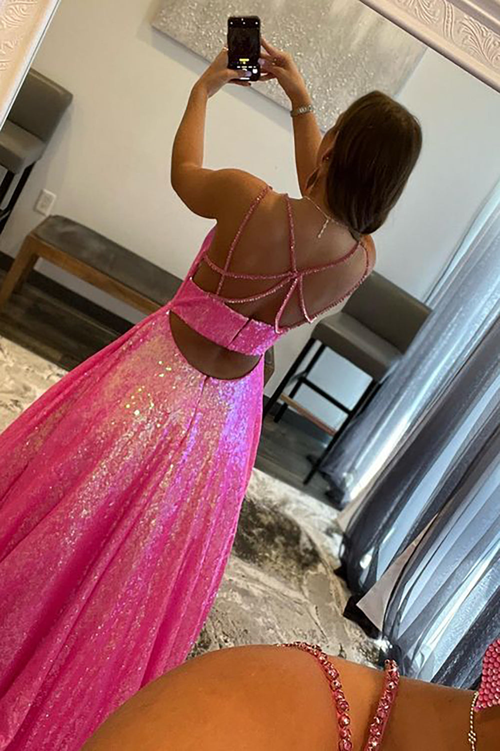Long Prom Dress with Fuchsia Glitter Sequins