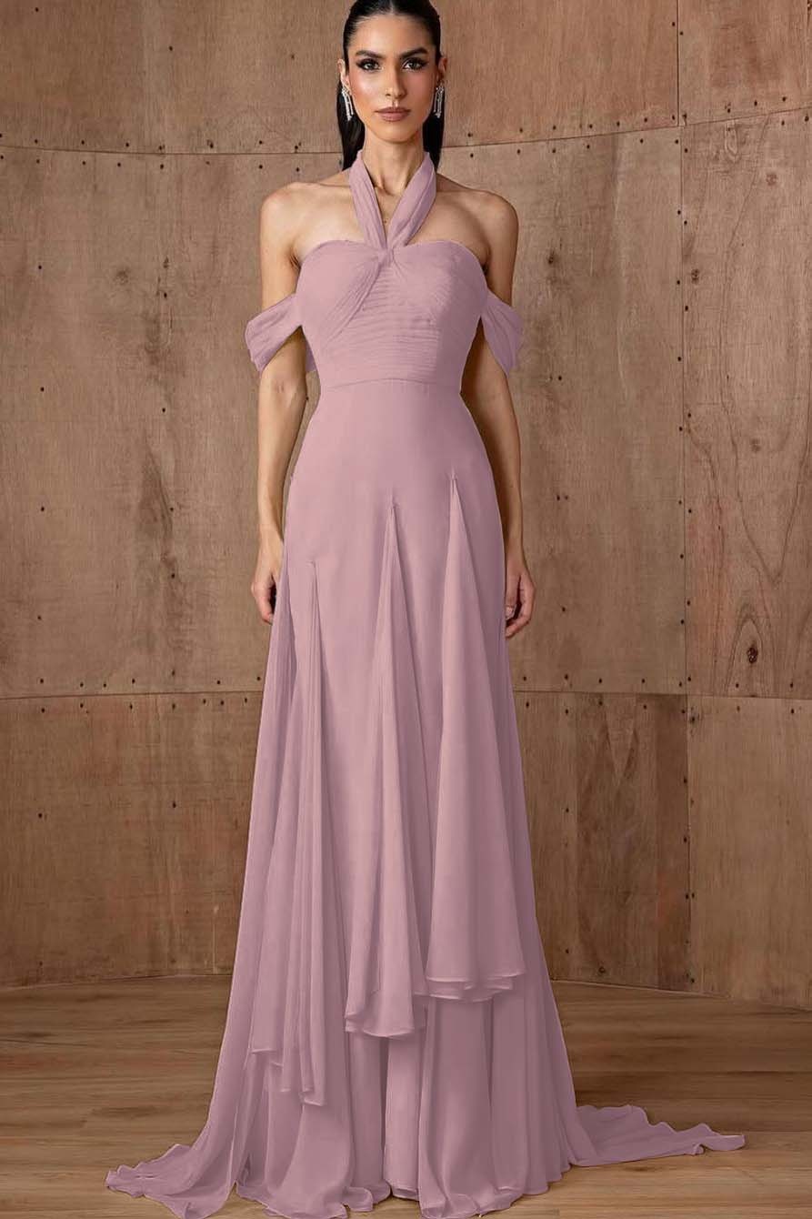 Halter Off the Shoulder Sleeveless Long Formal Dress With Ruffles