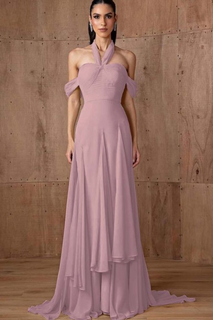 Halter Off the Shoulder Sleeveless Long Formal Dress With Ruffles
