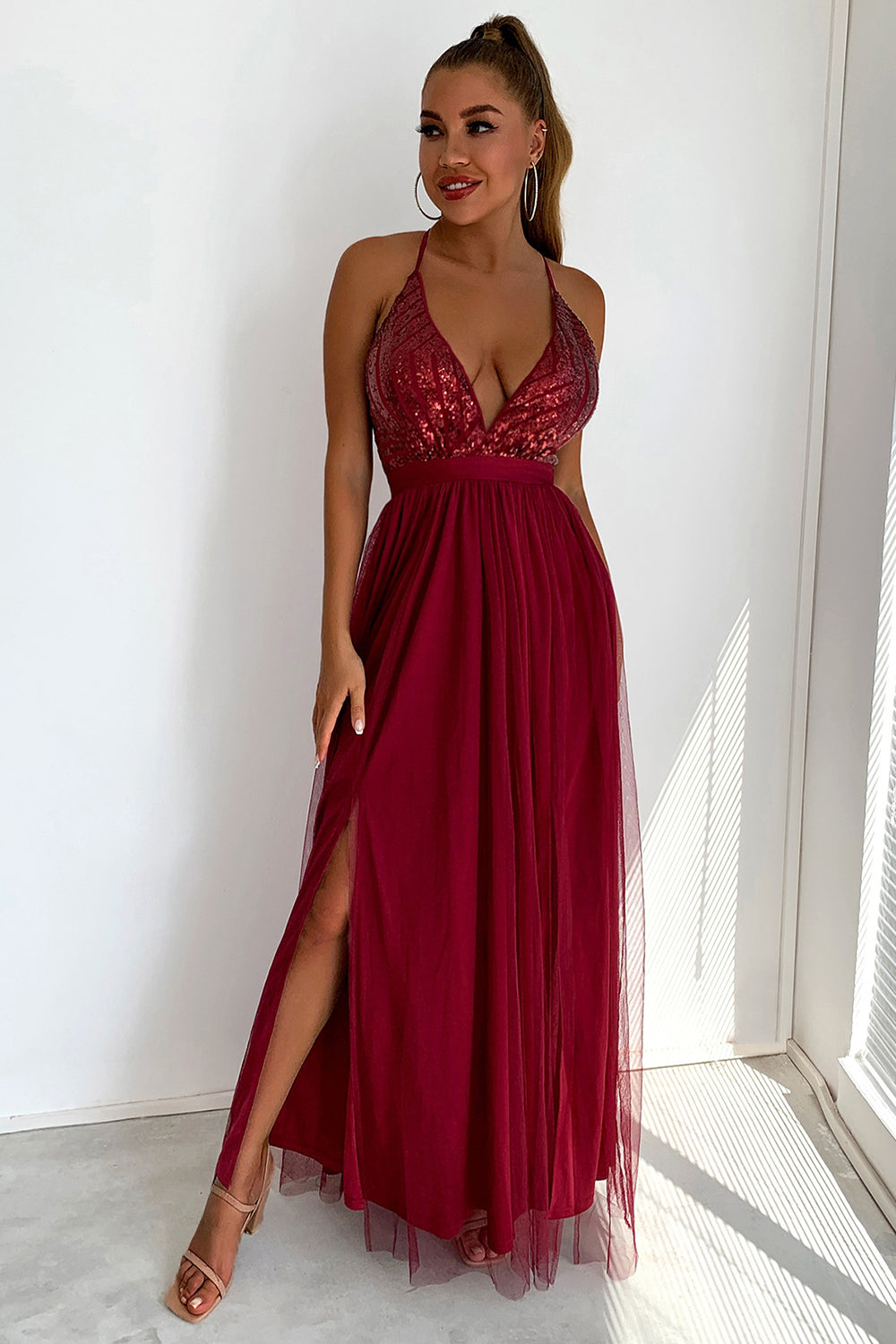 Sequin Party Dress with Green V-neck