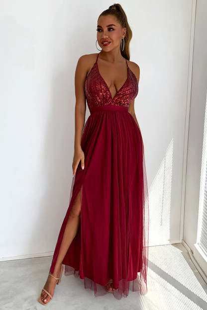 Sequin Party Dress with Green V-neck