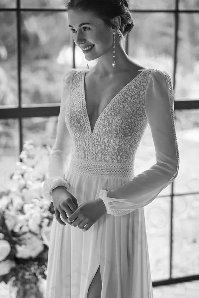White V-Neck Split Long Wedding Evening Dress With Sleeves