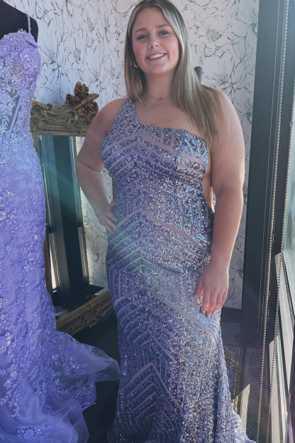 Fuchsia One-Shoulder Long Mermaid Prom Dress with Sparkly Sequins