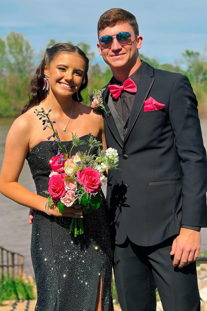 Long Beaded Red Mermaid Prom Dress with Glitter and Strapless Slit Design
