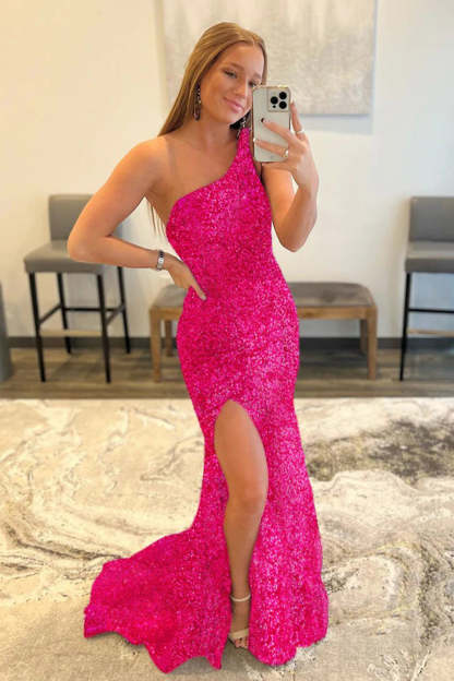 Red Sequined One-Shoulder Prom Dress with High Slit