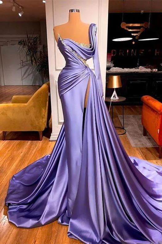 Purple Long Sleeves One-Shoulder Mermaid Beadings Evening Dress Split