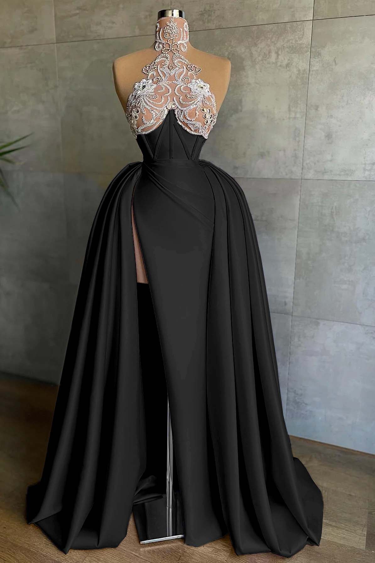 Halter Sleeveless Mermaid Split Long Formal Dress With Appliques