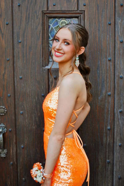 Long Mermaid Prom Dress with Sparkly Orange Sequins