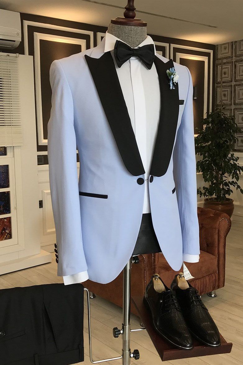 Fashion Sky Blue One-Button Western Suits for Wedding with Black Peaked Lapel