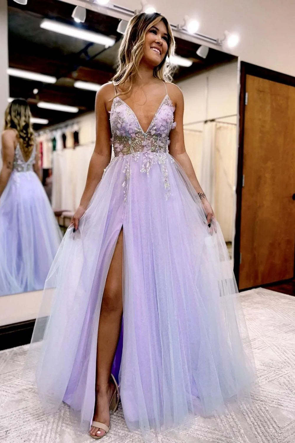 Lilac long prom dress with spaghetti straps and a front split in A-line style
