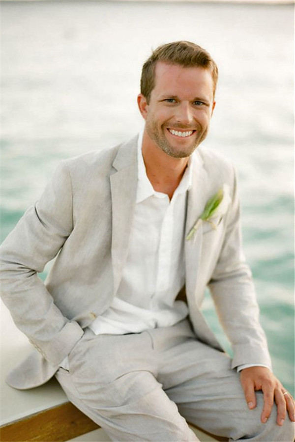 Casual Stylish Notched-Lapel Linen Suit (2-Piece) for Men's Beach Wedding