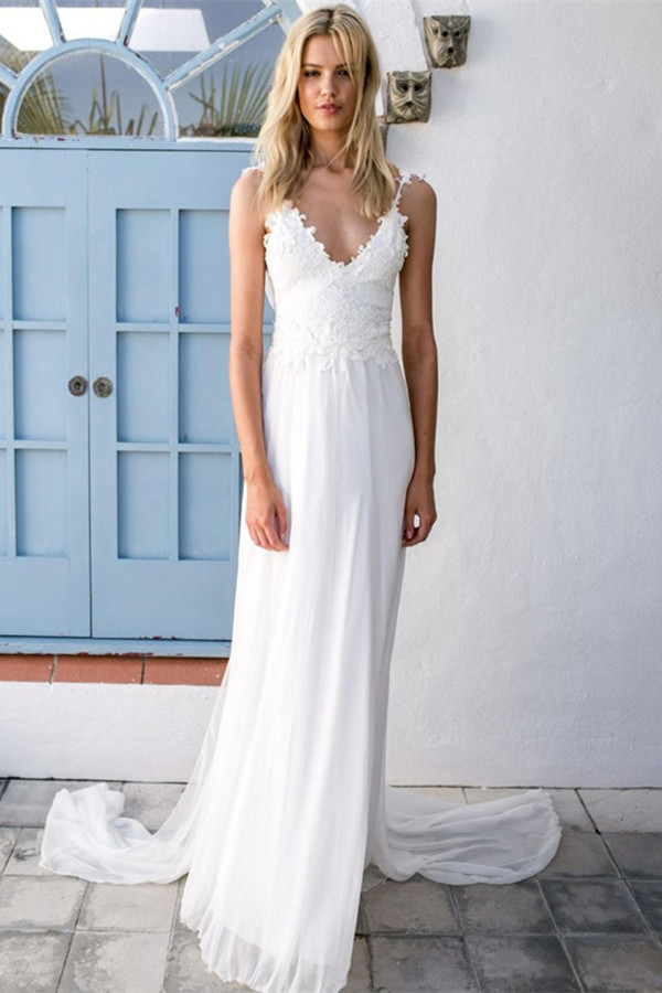 Chiffon Beach Lace Appliques Wedding Dress