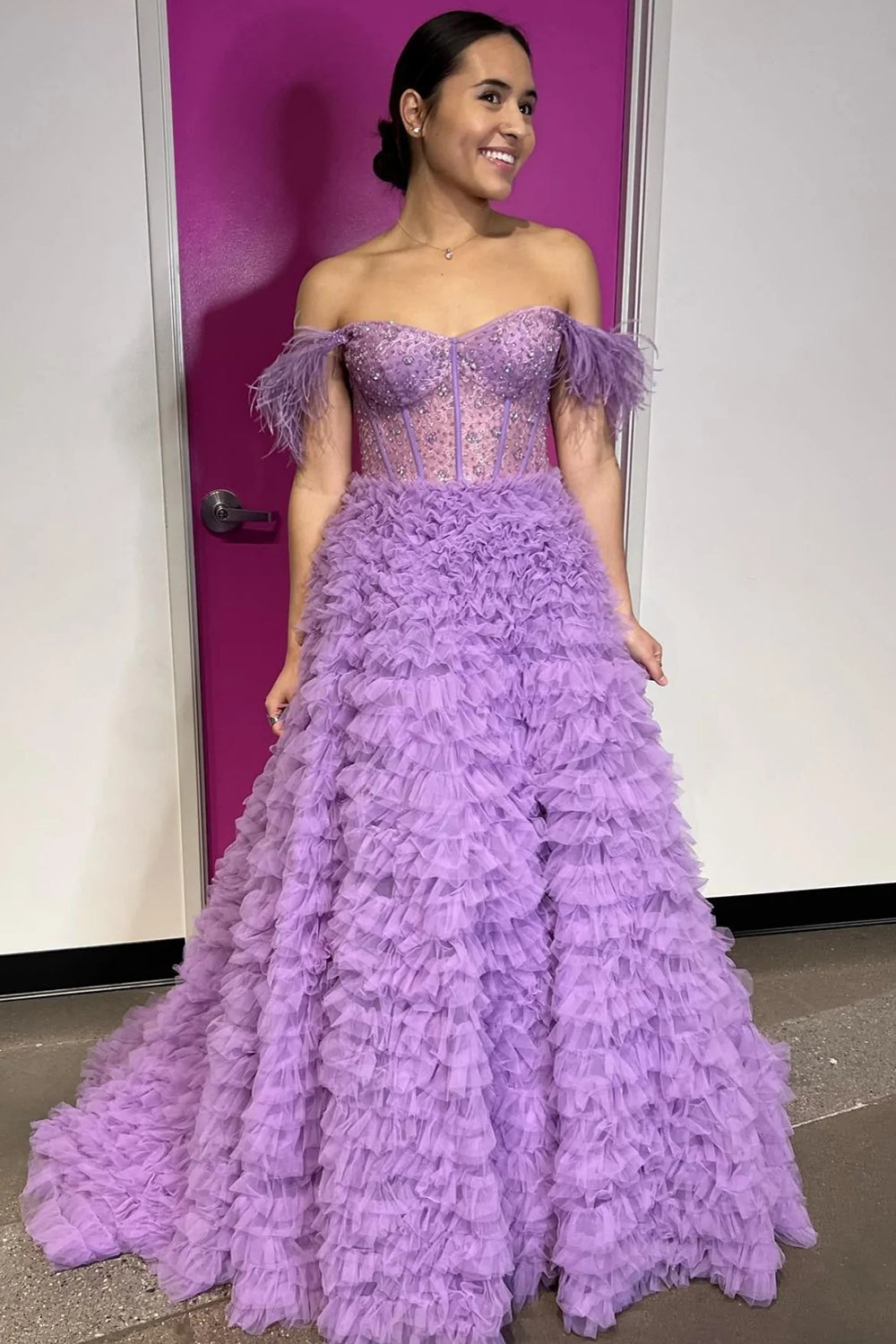 Purple Long Prom Dress with Feathers �?Off-the-Shoulder A-Line Princess Style