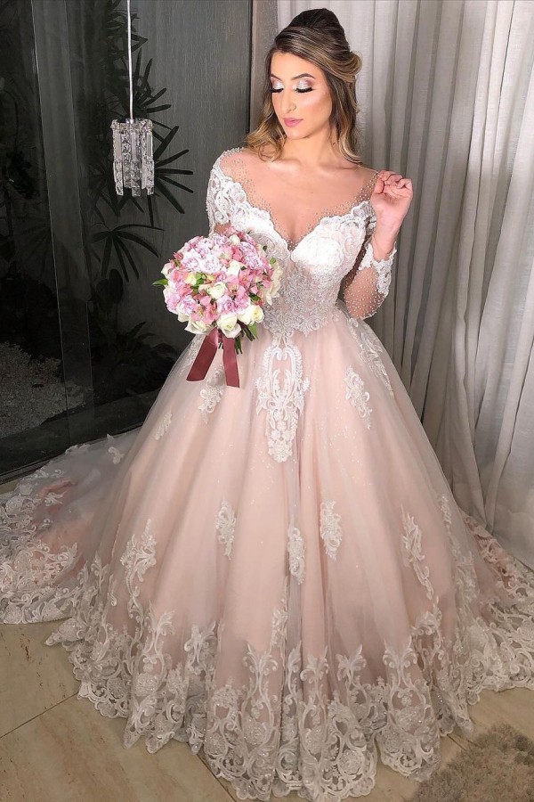 Princess Off-the-Shoulder Tulle Long Sleeves Floral Wedding Dress with Lace Appliques